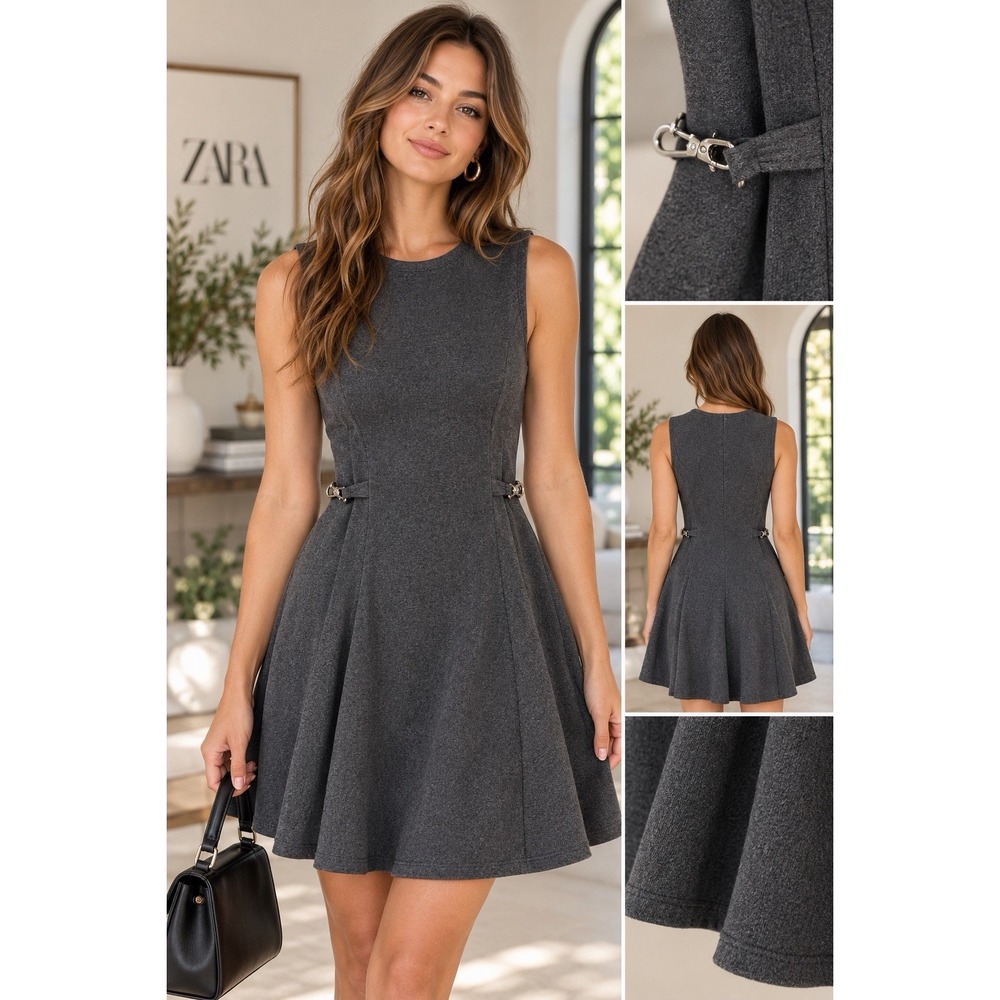 Zara Womens M Soft Buckle Mini Dress Gray Sleeveless Fit Flare NWT